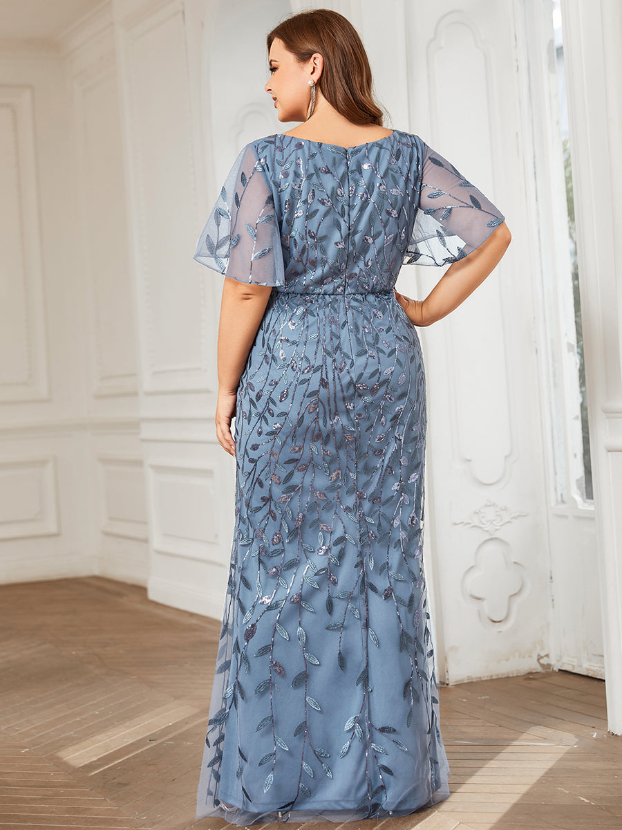 Bodenlanger Meerjungfrau Pailletten Kleid Mit Tiefem V-Ausschnitt Und Blumenmuster Elegantes Abendkleid #Farbe_Taubenblau