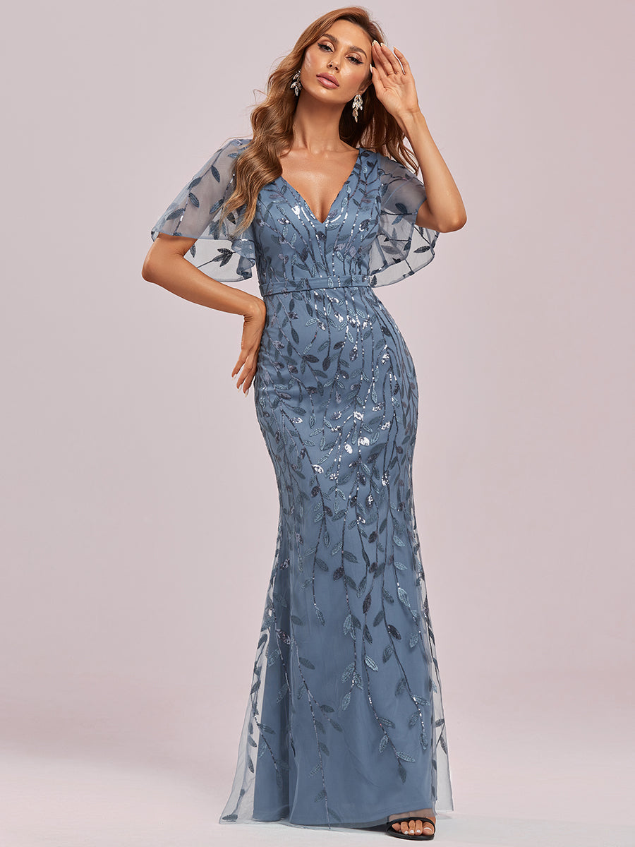 Bodenlanger Meerjungfrau Pailletten Kleid Mit Tiefem V-Ausschnitt Und Blumenmuster Elegantes Abendkleid #Farbe_Taubenblau