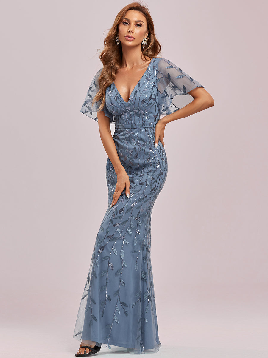 Bodenlanger Meerjungfrau Pailletten Kleid Mit Tiefem V-Ausschnitt Und Blumenmuster Elegantes Abendkleid #Farbe_Taubenblau