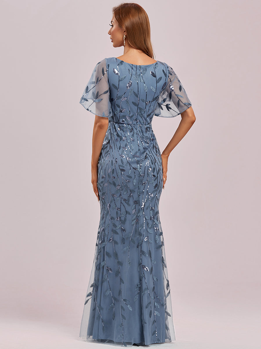 Bodenlanger Meerjungfrau Pailletten Kleid Mit Tiefem V-Ausschnitt Und Blumenmuster Elegantes Abendkleid #Farbe_Taubenblau