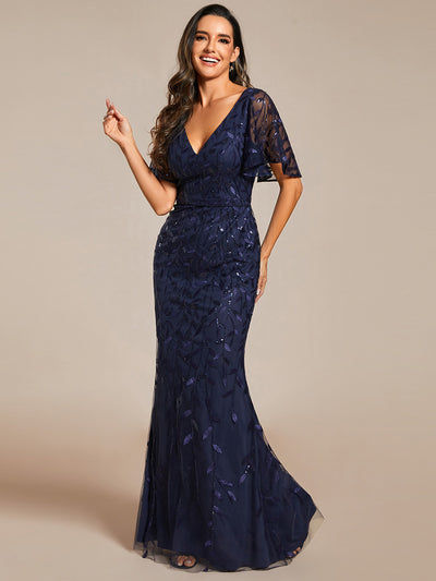 Bodenlanger Meerjungfrau Pailletten Kleid Mit Tiefem V-Ausschnitt Und Blumenmuster Elegantes Abendkleid #Farbe_Marineblau