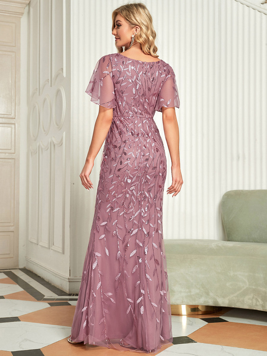 Bodenlanger Meerjungfrau Pailletten Kleid Mit Tiefem V-Ausschnitt Und Blumenmuster Elegantes Abendkleid #Farbe_Orchideenviolett