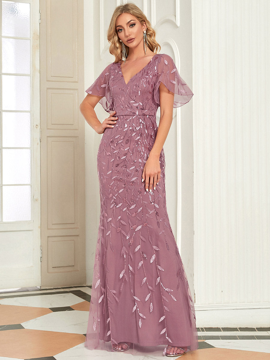 Bodenlanger Meerjungfrau Pailletten Kleid Mit Tiefem V-Ausschnitt Und Blumenmuster Elegantes Abendkleid #Farbe_Orchideenviolett