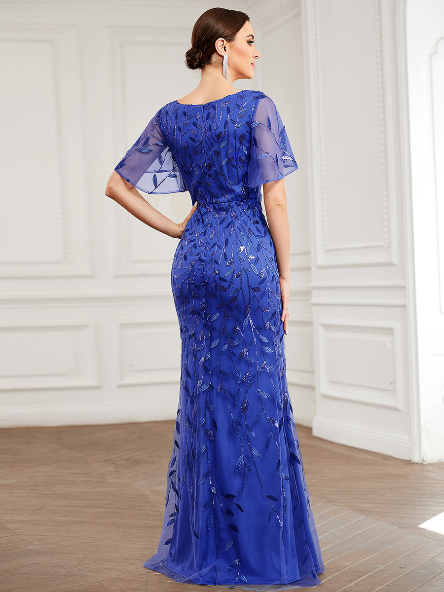 Bodenlanger Meerjungfrau Pailletten Kleid Mit Tiefem V-Ausschnitt Und Blumenmuster Elegantes Abendkleid #Farbe_Saphirblau