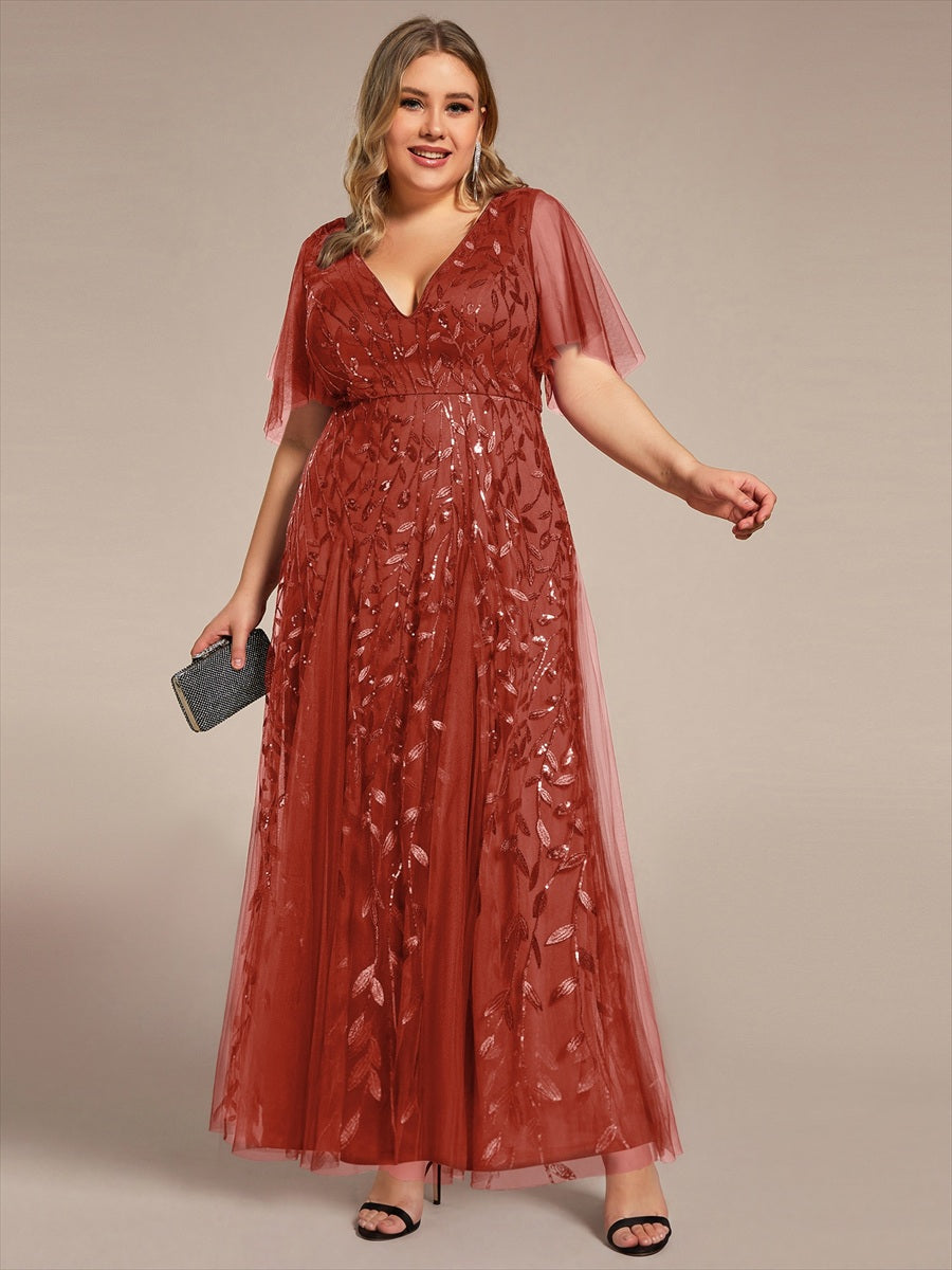 Bodenlanger V-Ausschnitt A-Linie Pailletten Kleid Mit Tiefem V-Ausschnitt Und Funkelnden Details #Farbe_Gebranntes Orange