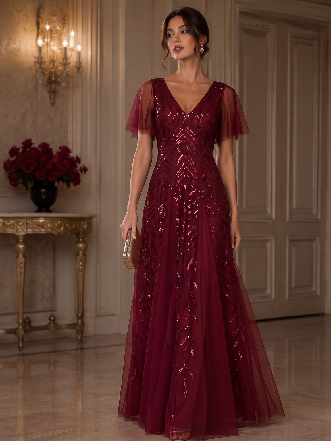 Bodenlanger V-Ausschnitt A-Linie Pailletten Kleid Mit Tiefem V-Ausschnitt Und Funkelnden Details #Farbe_Burgunderrot