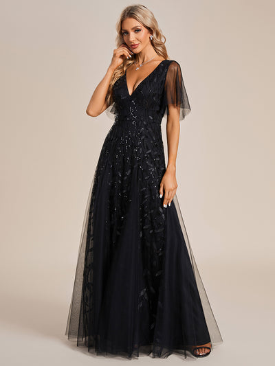 Bodenlanger V-Ausschnitt A-Linie Pailletten Kleid Mit Tiefem V-Ausschnitt Und Funkelnden Details #Farbe_Schwarz