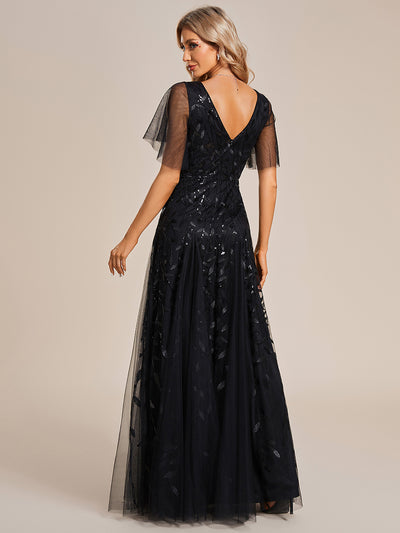 Bodenlanger V-Ausschnitt A-Linie Pailletten Kleid Mit Tiefem V-Ausschnitt Und Funkelnden Details #Farbe_Schwarz