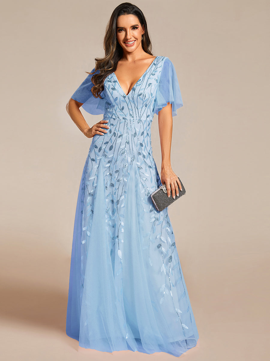 Bodenlanger V-Ausschnitt A-Linie Pailletten Kleid Mit Tiefem V-Ausschnitt Und Funkelnden Details #Farbe_Himmelblau