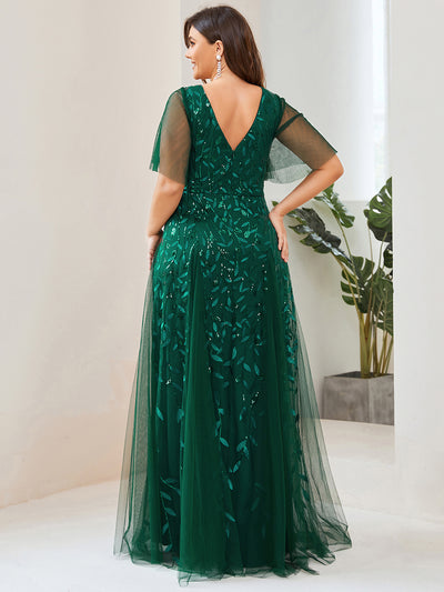 Bodenlanger V-Ausschnitt A-Linie Pailletten Kleid Mit Tiefem V-Ausschnitt Und Funkelnden Details #Farbe_Dunkelgrün