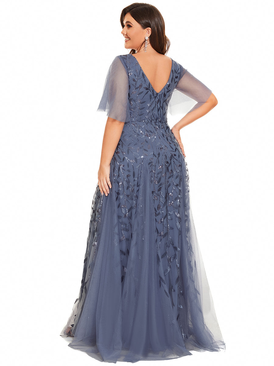 Bodenlanger V-Ausschnitt A-Linie Pailletten Kleid Mit Tiefem V-Ausschnitt Und Funkelnden Details #Farbe_Taubenblau