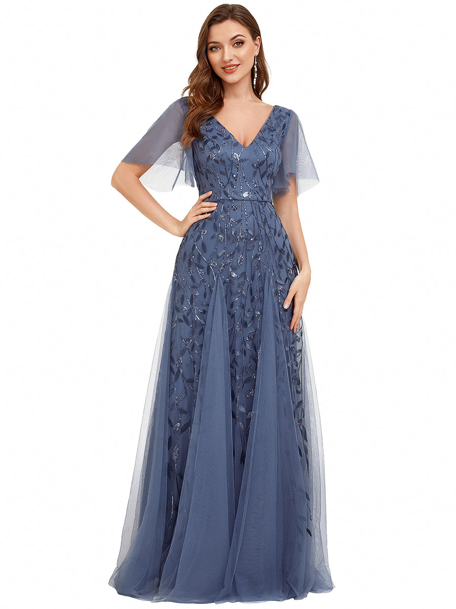 Bodenlanger V-Ausschnitt A-Linie Pailletten Kleid Mit Tiefem V-Ausschnitt Und Funkelnden Details #Farbe_Taubenblau