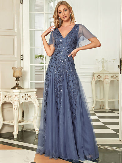 Bodenlanger V-Ausschnitt A-Linie Pailletten Kleid Mit Tiefem V-Ausschnitt Und Funkelnden Details #Farbe_Taubenblau