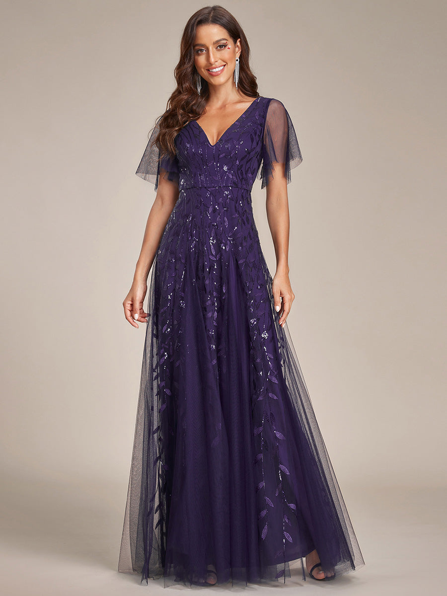 Bodenlanger V-Ausschnitt A-Linie Pailletten Kleid Mit Tiefem V-Ausschnitt Und Funkelnden Details #Farbe_Dunkelviolett
