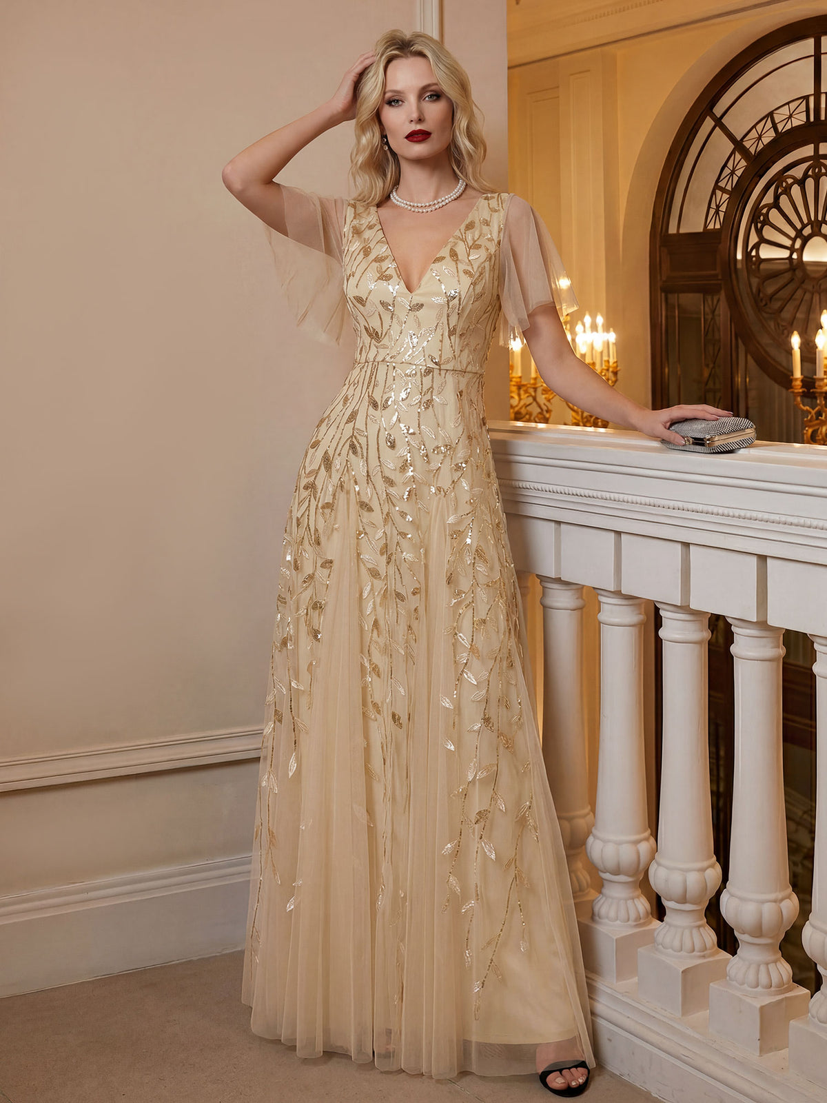 Bodenlanger V-Ausschnitt A-Linie Pailletten Kleid Mit Tiefem V-Ausschnitt Und Funkelnden Details #Farbe_Gold