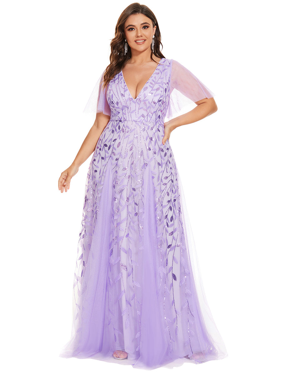 Bodenlanger V-Ausschnitt A-Linie Pailletten Kleid Mit Tiefem V-Ausschnitt Und Funkelnden Details #Farbe_Lavendel