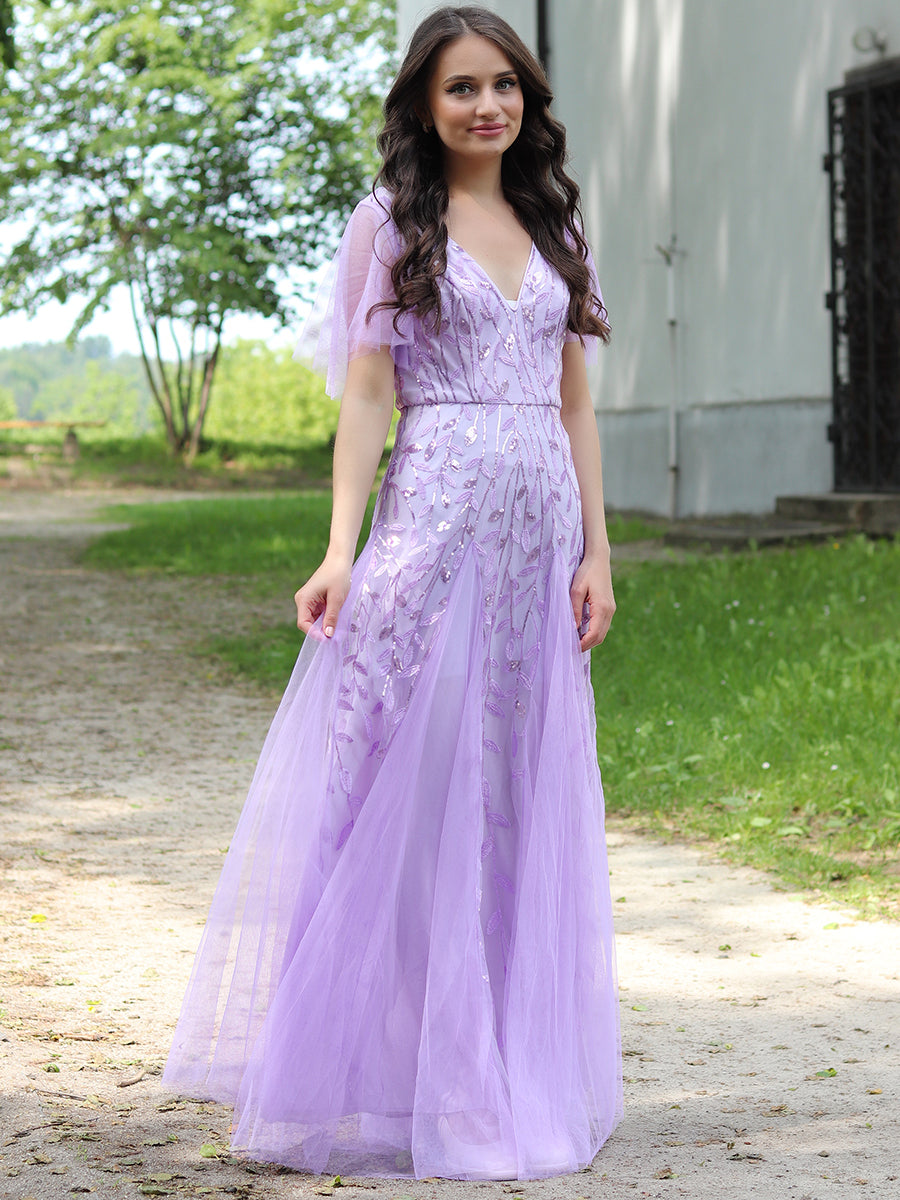 Bodenlanger V-Ausschnitt A-Linie Pailletten Kleid Mit Tiefem V-Ausschnitt Und Funkelnden Details #Farbe_Lavendel