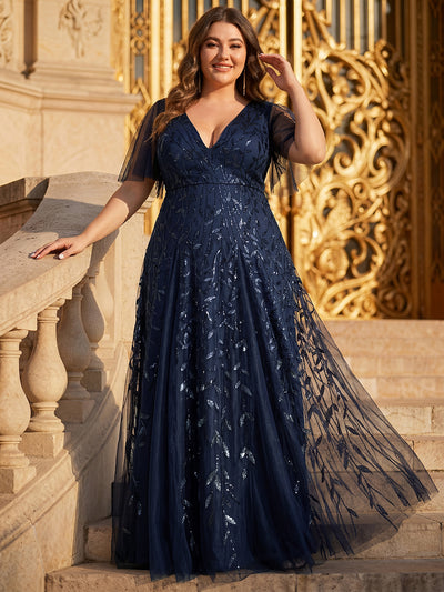 Bodenlanger V-Ausschnitt A-Linie Pailletten Kleid Mit Tiefem V-Ausschnitt Und Funkelnden Details #Farbe_Marineblau