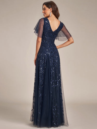 Bodenlanger V-Ausschnitt A-Linie Pailletten Kleid Mit Tiefem V-Ausschnitt Und Funkelnden Details #Farbe_Marineblau