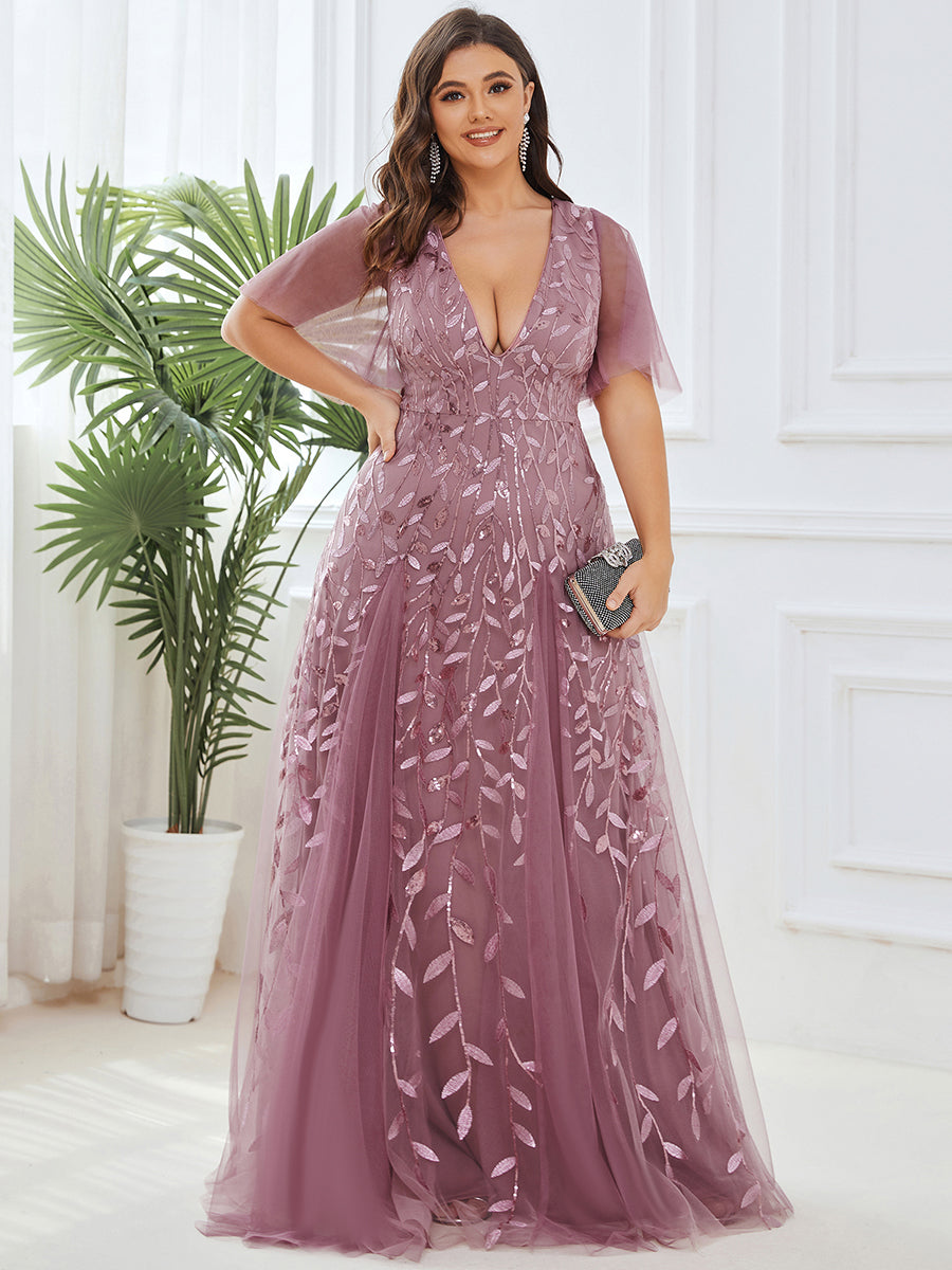 Bodenlanger V-Ausschnitt A-Linie Pailletten Kleid Mit Tiefem V-Ausschnitt Und Funkelnden Details #Farbe_Orchideenviolett