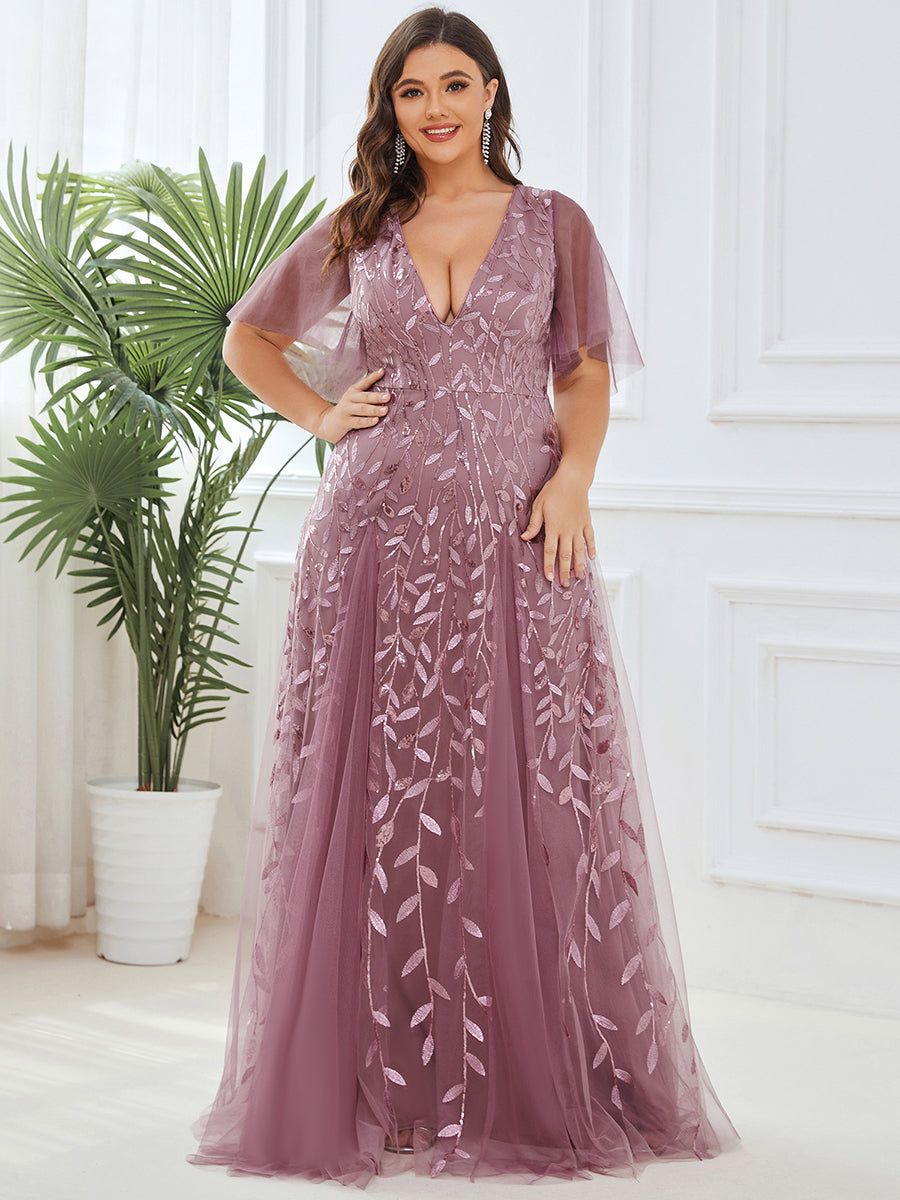 Bodenlanger V-Ausschnitt A-Linie Pailletten Kleid Mit Tiefem V-Ausschnitt Und Funkelnden Details #Farbe_Orchideenviolett