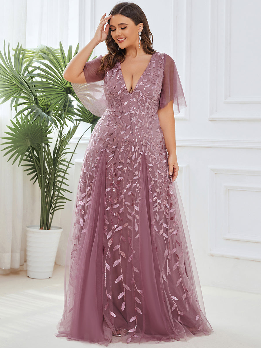 Bodenlanger V-Ausschnitt A-Linie Pailletten Kleid Mit Tiefem V-Ausschnitt Und Funkelnden Details #Farbe_Orchideenviolett