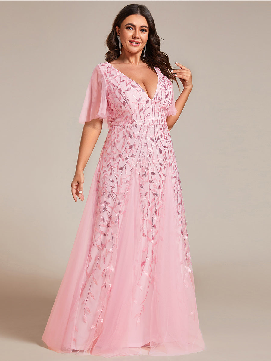 Bodenlanger V-Ausschnitt A-Linie Pailletten Kleid Mit Tiefem V-Ausschnitt Und Funkelnden Details #Farbe_Pink