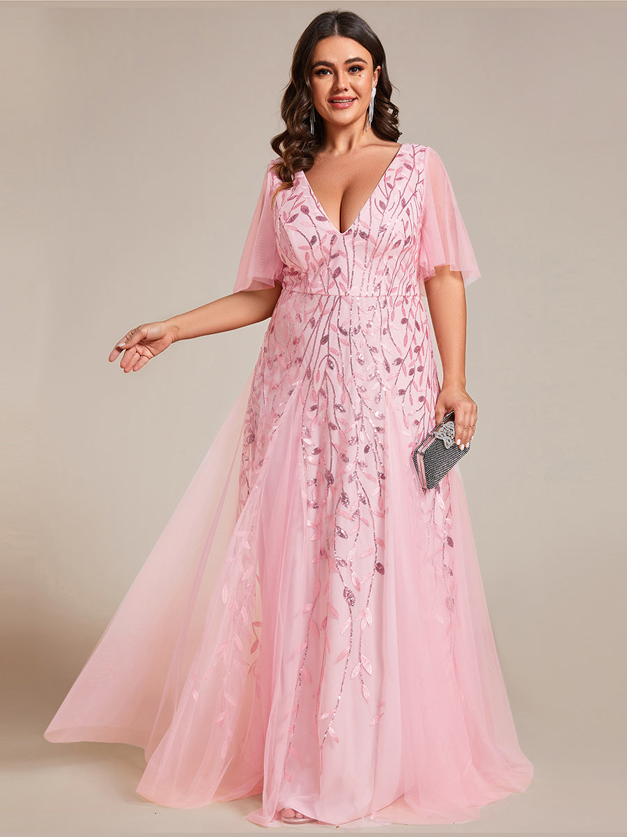 Bodenlanger V-Ausschnitt A-Linie Pailletten Kleid Mit Tiefem V-Ausschnitt Und Funkelnden Details #Farbe_Pink