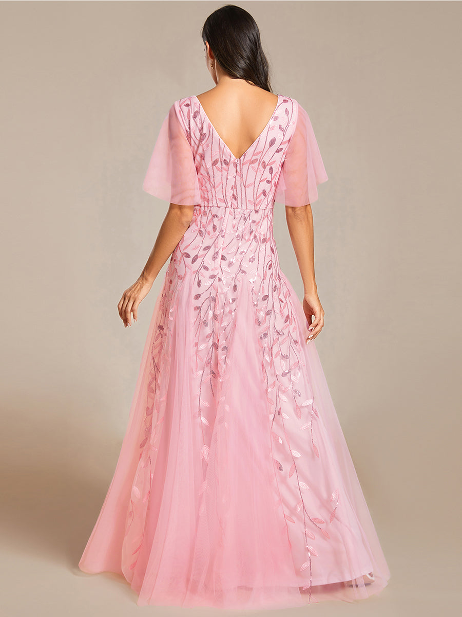 Bodenlanger V-Ausschnitt A-Linie Pailletten Kleid Mit Tiefem V-Ausschnitt Und Funkelnden Details #Farbe_Pink