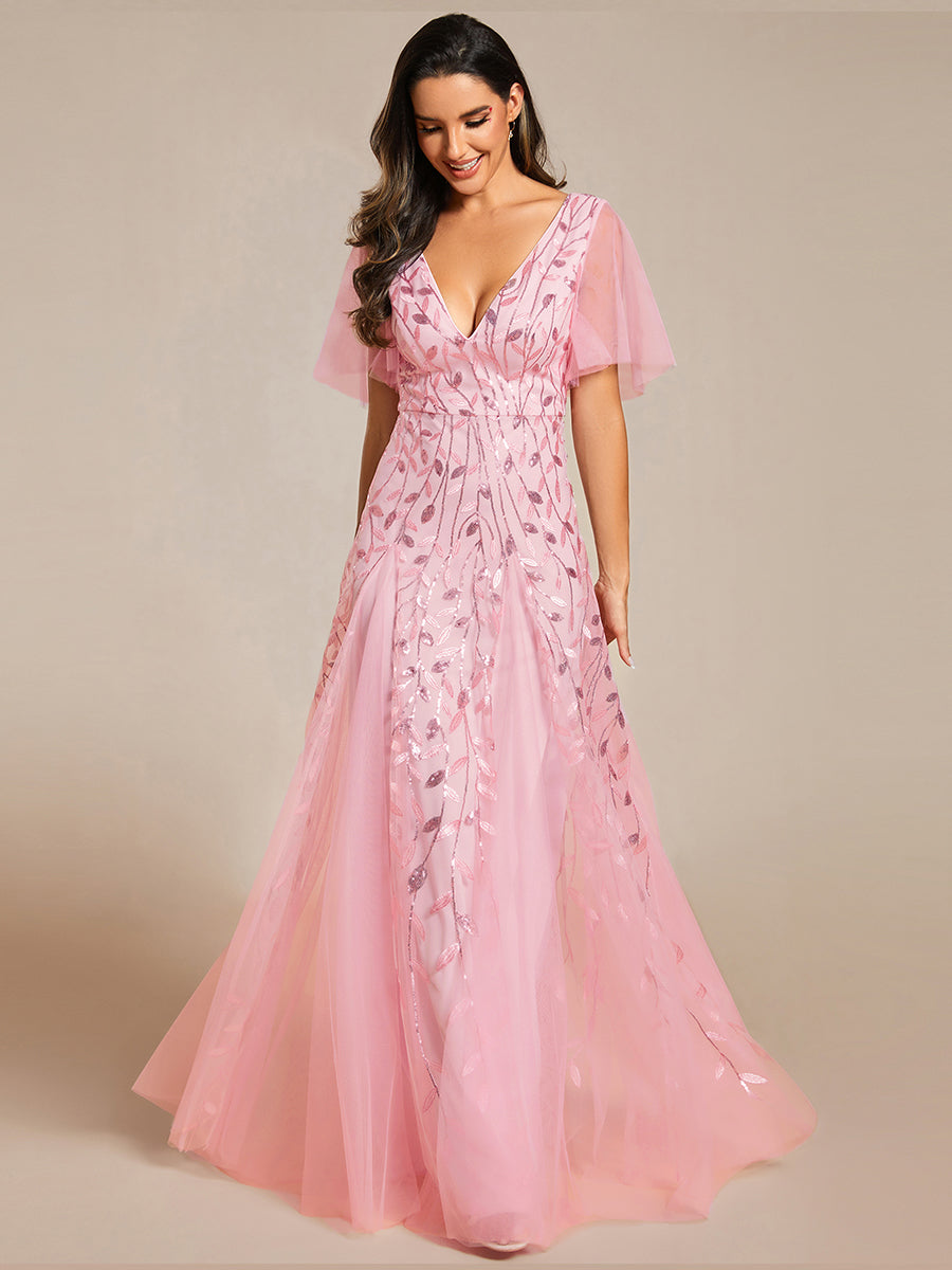 Bodenlanger V-Ausschnitt A-Linie Pailletten Kleid Mit Tiefem V-Ausschnitt Und Funkelnden Details #Farbe_Pink