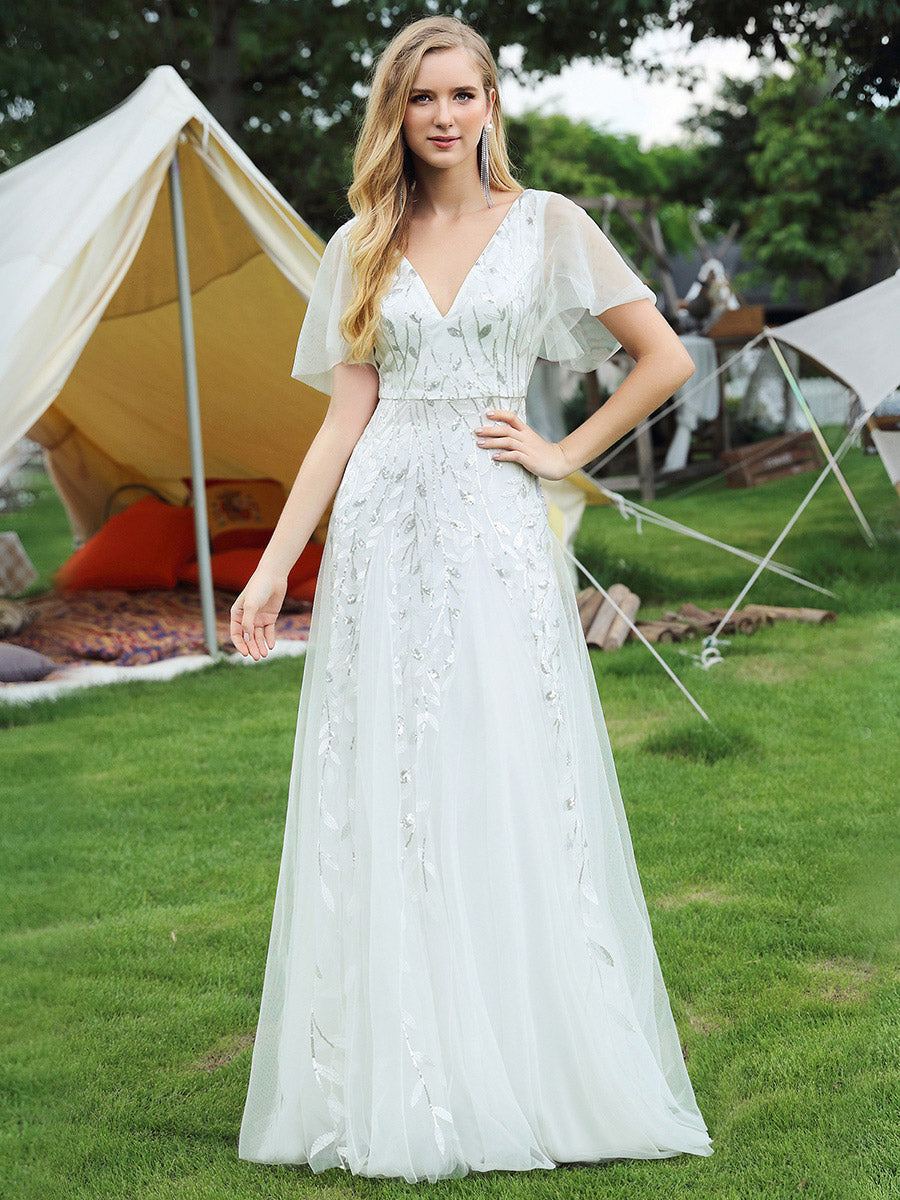 Bodenlanger V-Ausschnitt A-Linie Pailletten Kleid Mit Tiefem V-Ausschnitt Und Funkelnden Details #Farbe_Weiß