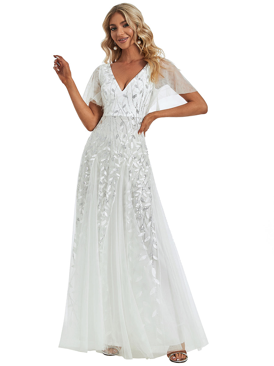 Bodenlanger V-Ausschnitt A-Linie Pailletten Kleid Mit Tiefem V-Ausschnitt Und Funkelnden Details #Farbe_Weiß