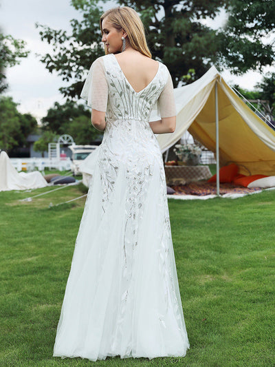 Bodenlanger V-Ausschnitt A-Linie Pailletten Kleid Mit Tiefem V-Ausschnitt Und Funkelnden Details #Farbe_Weiß