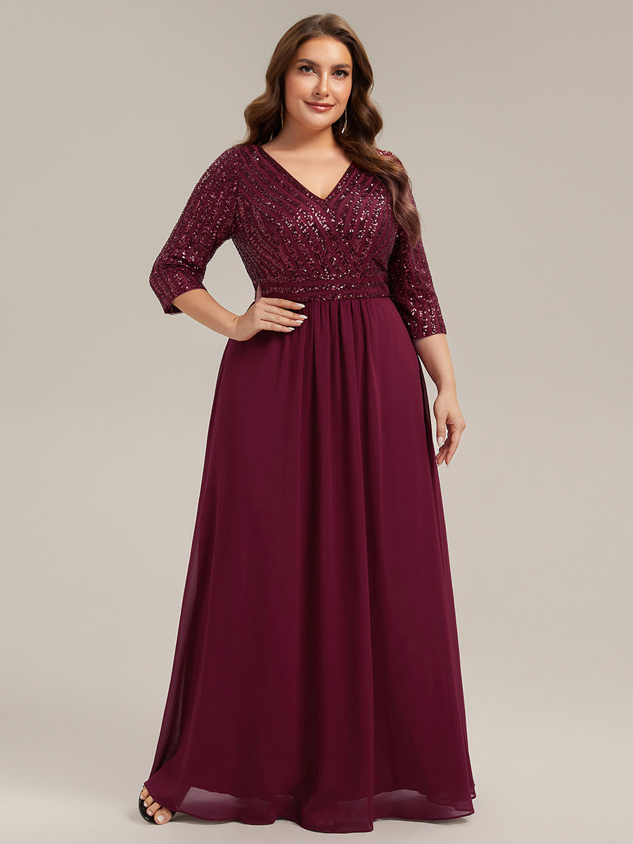 Übergrößen Bodenlanger V-Ausschnitt A-Linie Pailletten Kleid Mit Durchsichtigen Patchwork Details #Farbe_Burgunderrot