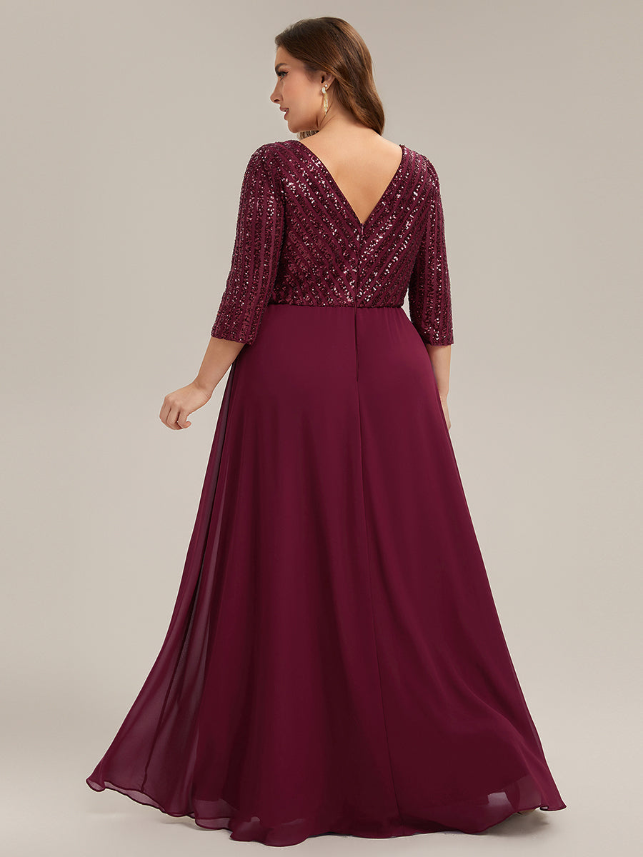 Übergrößen Bodenlanger V-Ausschnitt A-Linie Pailletten Kleid Mit Durchsichtigen Patchwork Details #Farbe_Burgunderrot