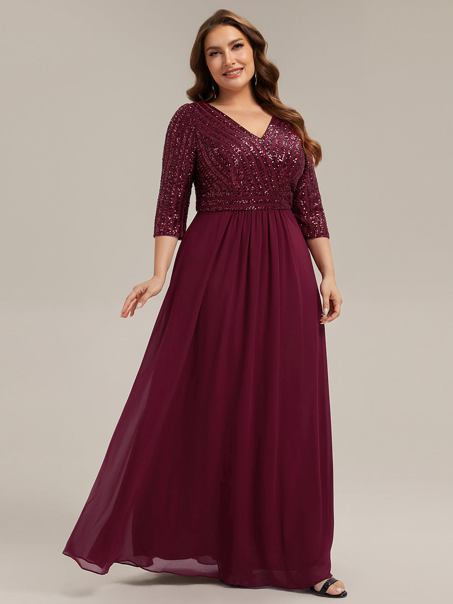 Übergrößen Bodenlanger V-Ausschnitt A-Linie Pailletten Kleid Mit Durchsichtigen Patchwork Details #Farbe_Burgunderrot