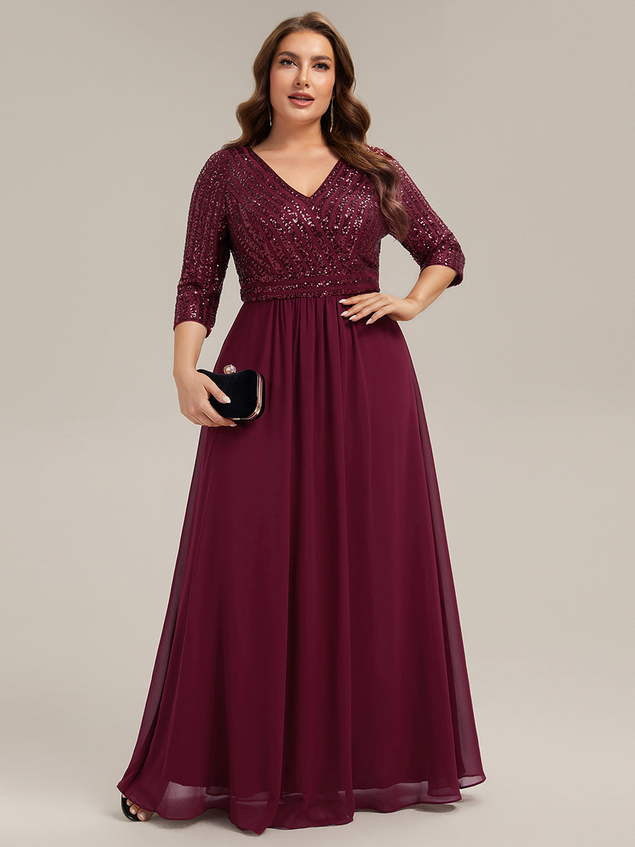 Übergrößen Bodenlanger V-Ausschnitt A-Linie Pailletten Kleid Mit Durchsichtigen Patchwork Details #Farbe_Burgunderrot