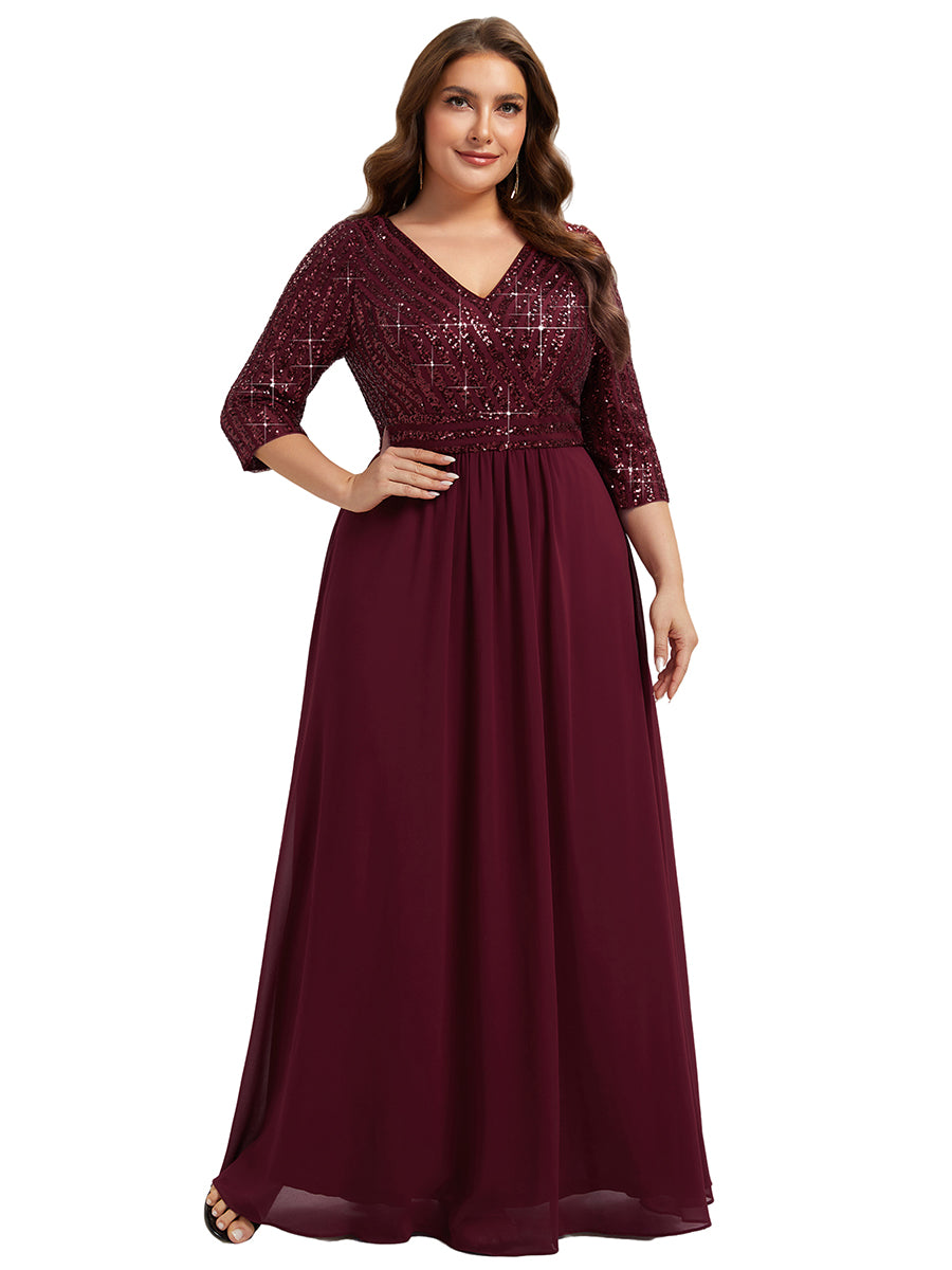 Übergrößen Bodenlanger V-Ausschnitt A-Linie Pailletten Kleid Mit Durchsichtigen Patchwork Details #Farbe_Burgunderrot
