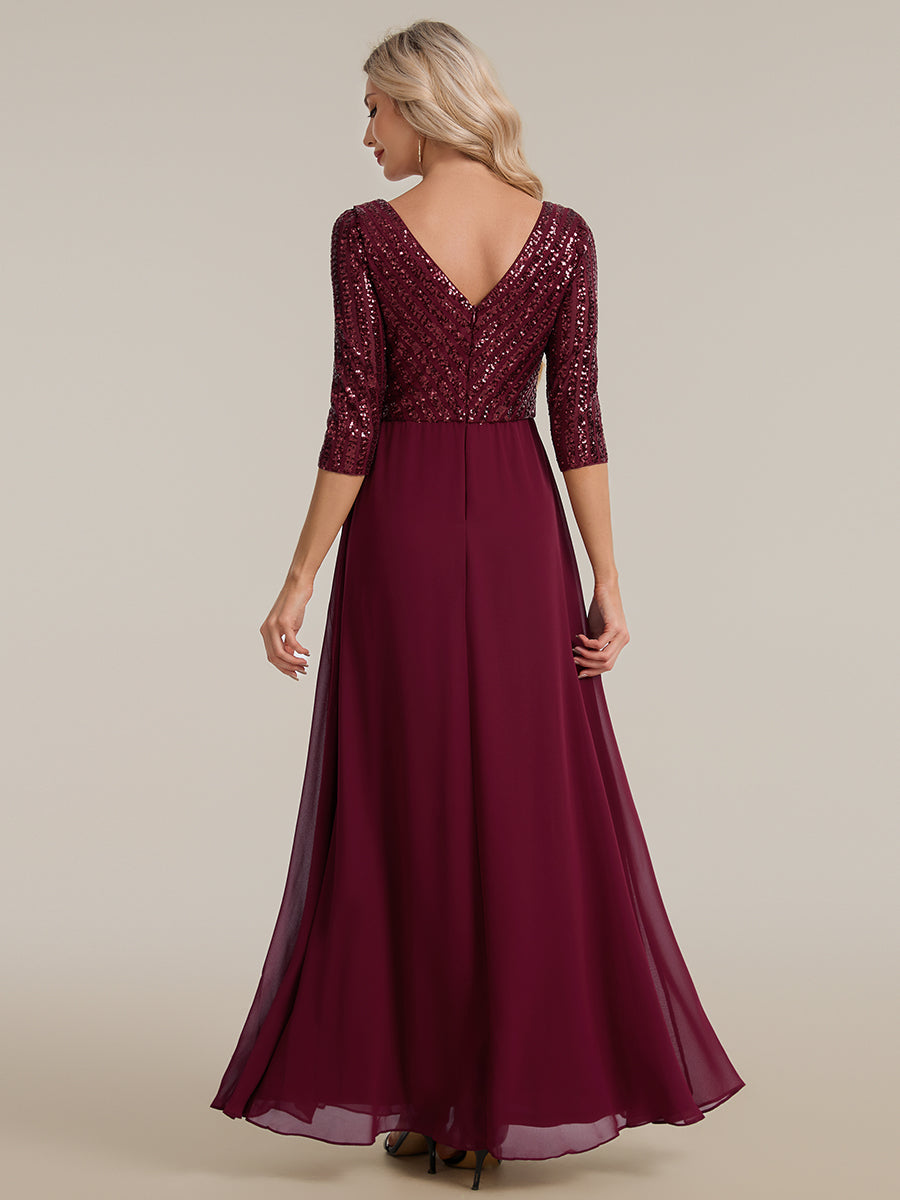 Übergrößen Bodenlanger V-Ausschnitt A-Linie Pailletten Kleid Mit Durchsichtigen Patchwork Details #Farbe_Burgunderrot