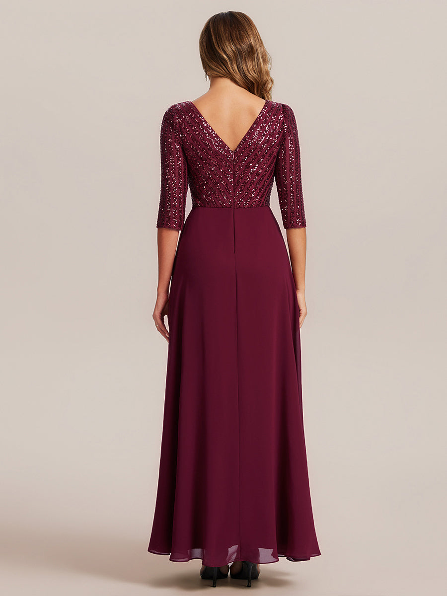 Übergrößen Bodenlanger V-Ausschnitt A-Linie Pailletten Kleid Mit Durchsichtigen Patchwork Details #Farbe_Burgunderrot