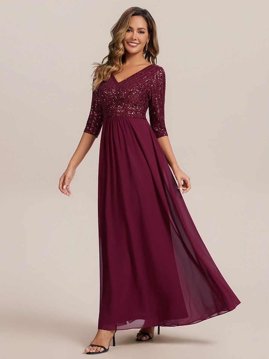 Übergrößen Bodenlanger V-Ausschnitt A-Linie Pailletten Kleid Mit Durchsichtigen Patchwork Details #Farbe_Burgunderrot