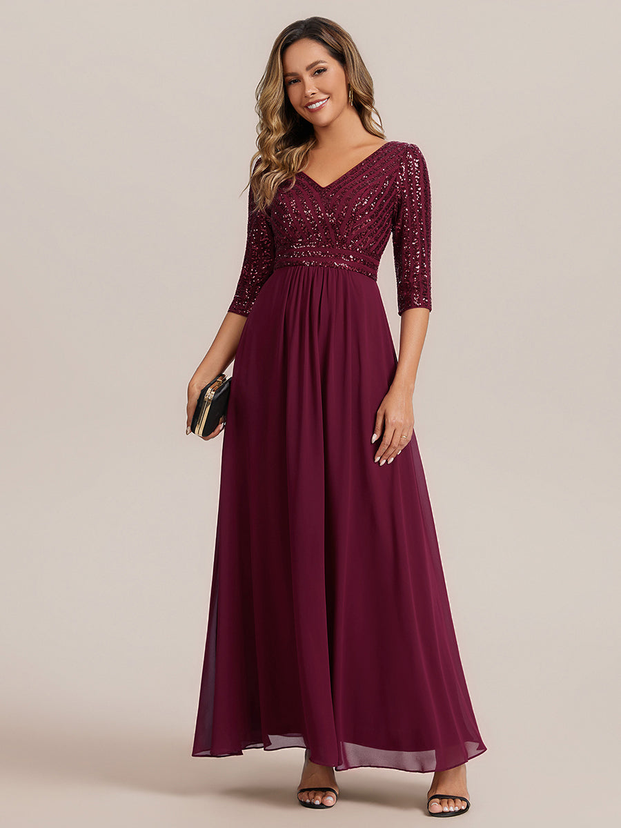 Übergrößen Bodenlanger V-Ausschnitt A-Linie Pailletten Kleid Mit Durchsichtigen Patchwork Details #Farbe_Burgunderrot