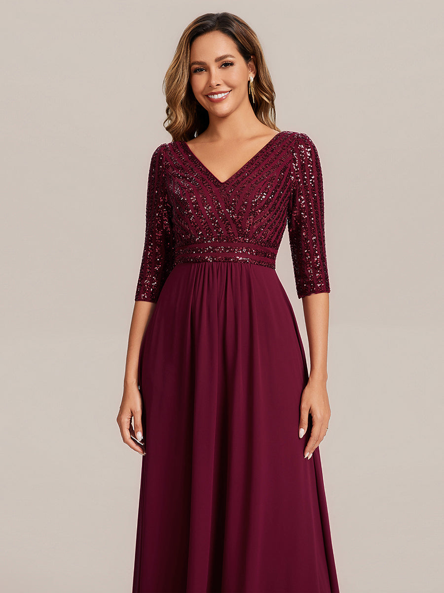 Übergrößen Bodenlanger V-Ausschnitt A-Linie Pailletten Kleid Mit Durchsichtigen Patchwork Details #Farbe_Burgunderrot