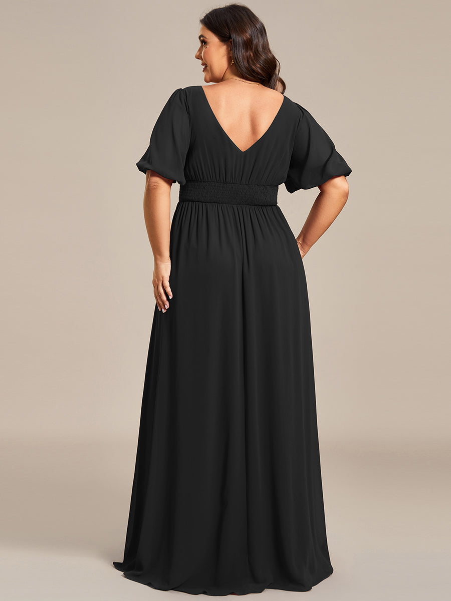 Bodenlanger V-Ausschnitt A-Linie Chiffon Kleid Mit Hohem Schlitz Und Falten Details Kleid #Farbe_Schwarz