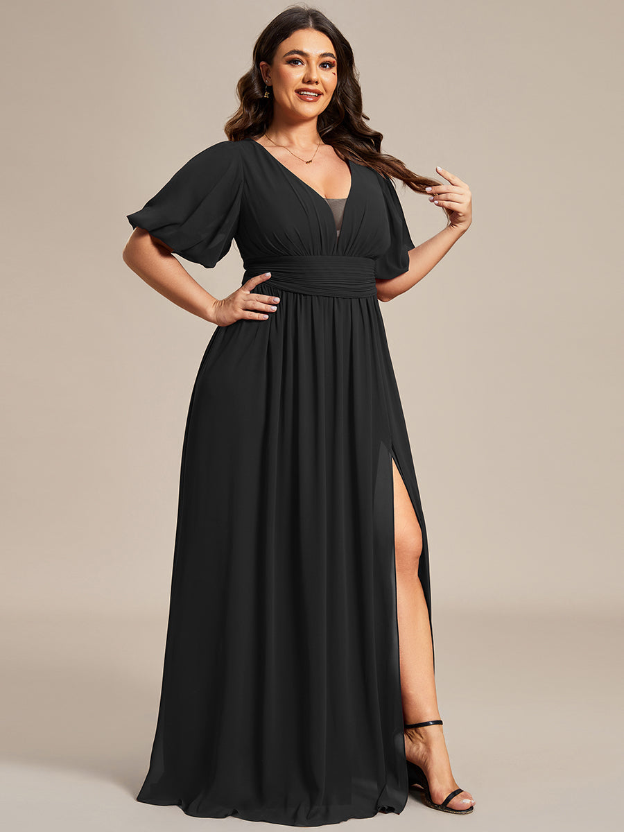 Bodenlanger V-Ausschnitt A-Linie Chiffon Kleid Mit Hohem Schlitz Und Falten Details Kleid #Farbe_Schwarz