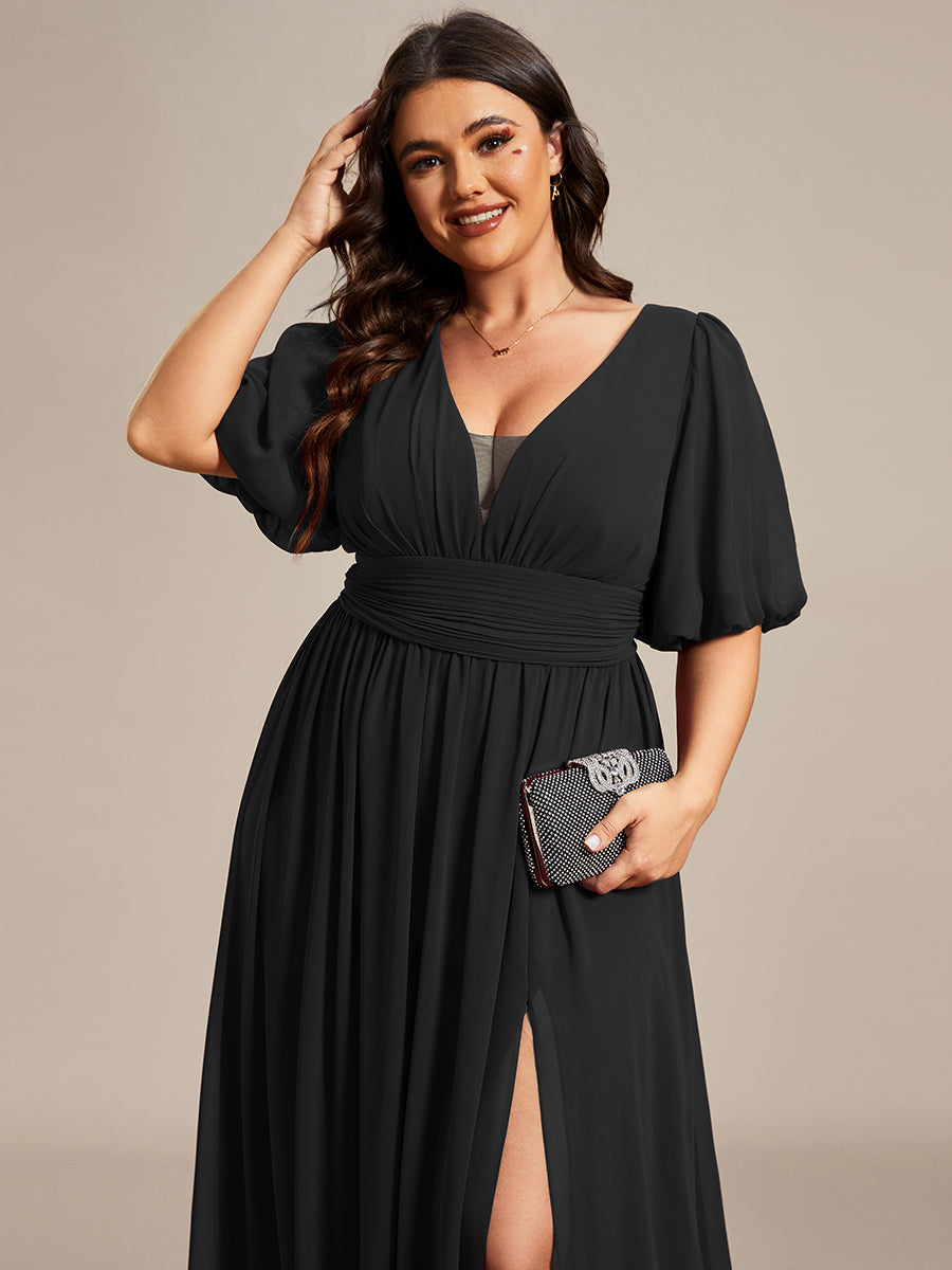 Bodenlanger V-Ausschnitt A-Linie Chiffon Kleid Mit Hohem Schlitz Und Falten Details Kleid #Farbe_Schwarz