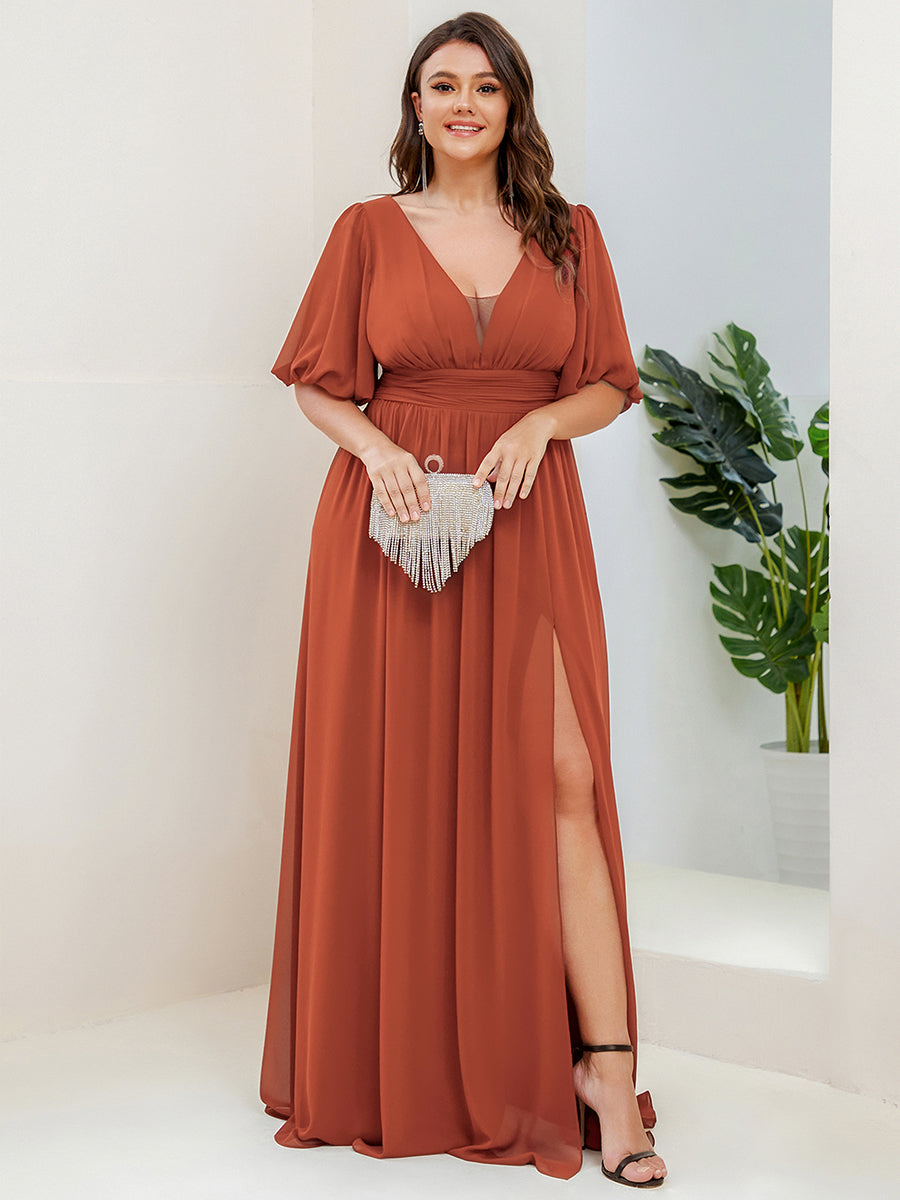 Bodenlanger V-Ausschnitt A-Linie Chiffon Kleid Mit Hohem Schlitz Und Falten Details Kleid #Farbe_Gebranntes Orange
