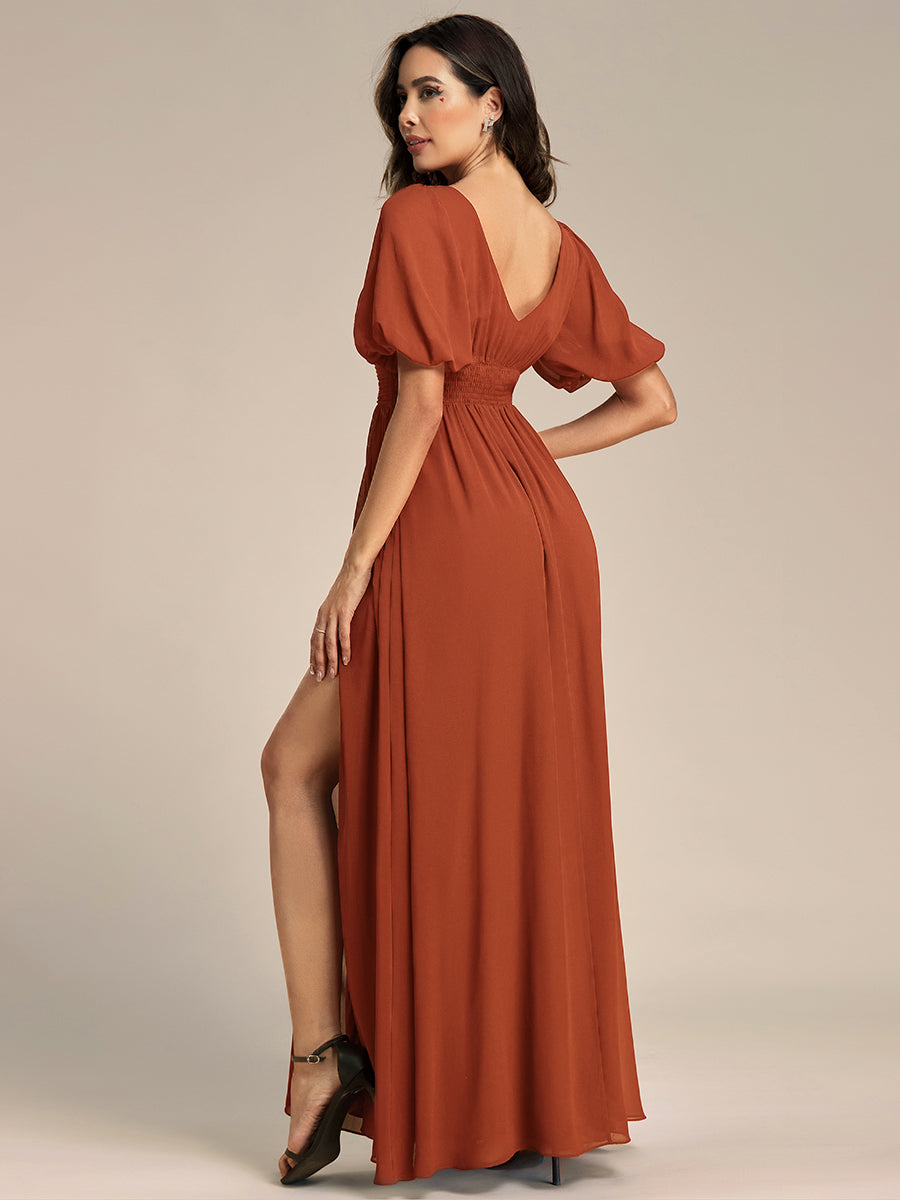 Bodenlanger V-Ausschnitt A-Linie Chiffon Kleid Mit Hohem Schlitz Und Falten Details Kleid #Farbe_Gebranntes Orange