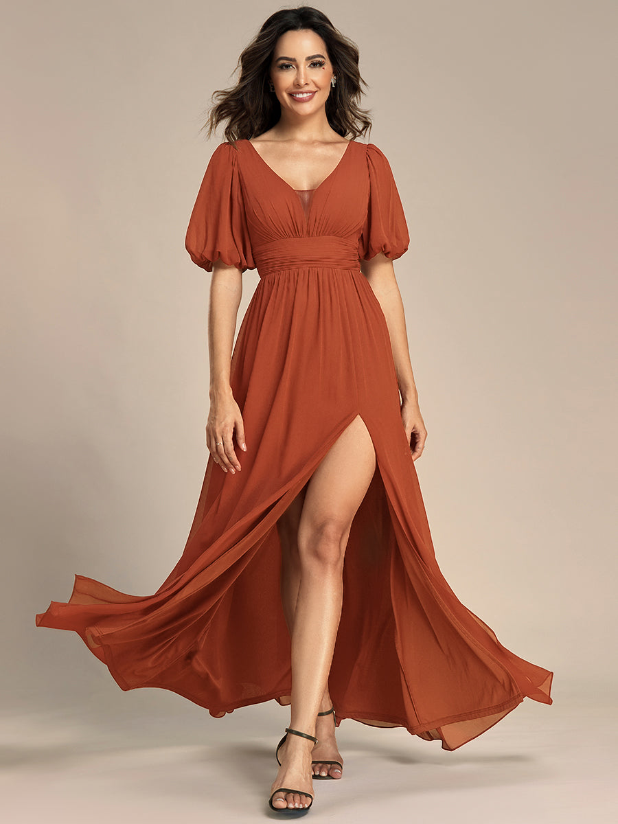 Bodenlanger V-Ausschnitt A-Linie Chiffon Kleid Mit Hohem Schlitz Und Falten Details Kleid #Farbe_Gebranntes Orange
