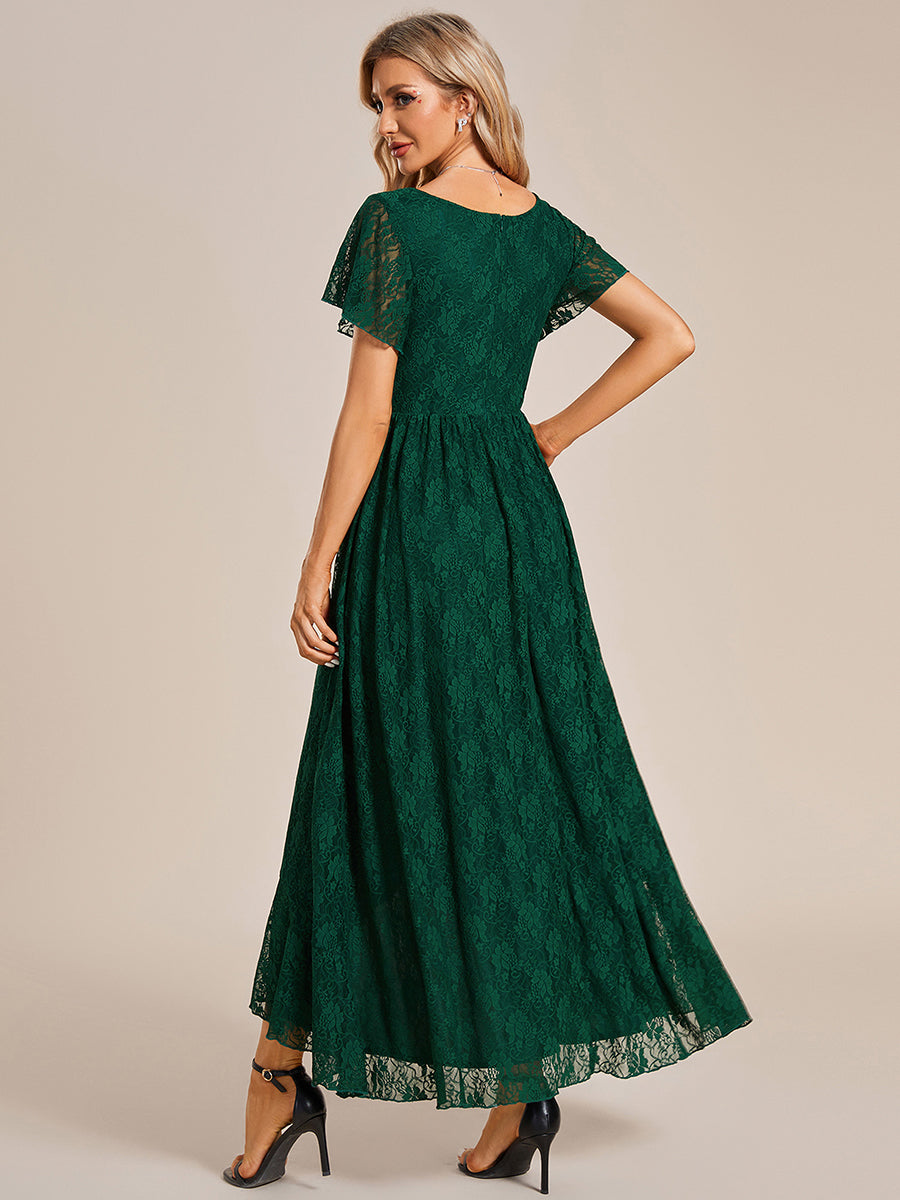 Größe Nach Maß Kurzärmliges Spitzen-Abendkleid in A-Linie mit Rüschen und V-Ausschnitt #farbe_Dunkelgrün
